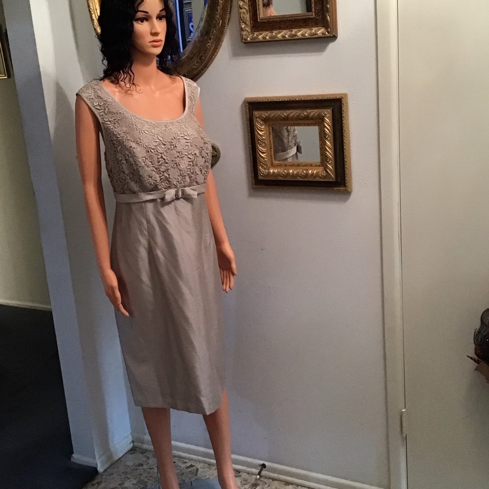 R&M Richards Asymmetrical Lace Dress in Beige
